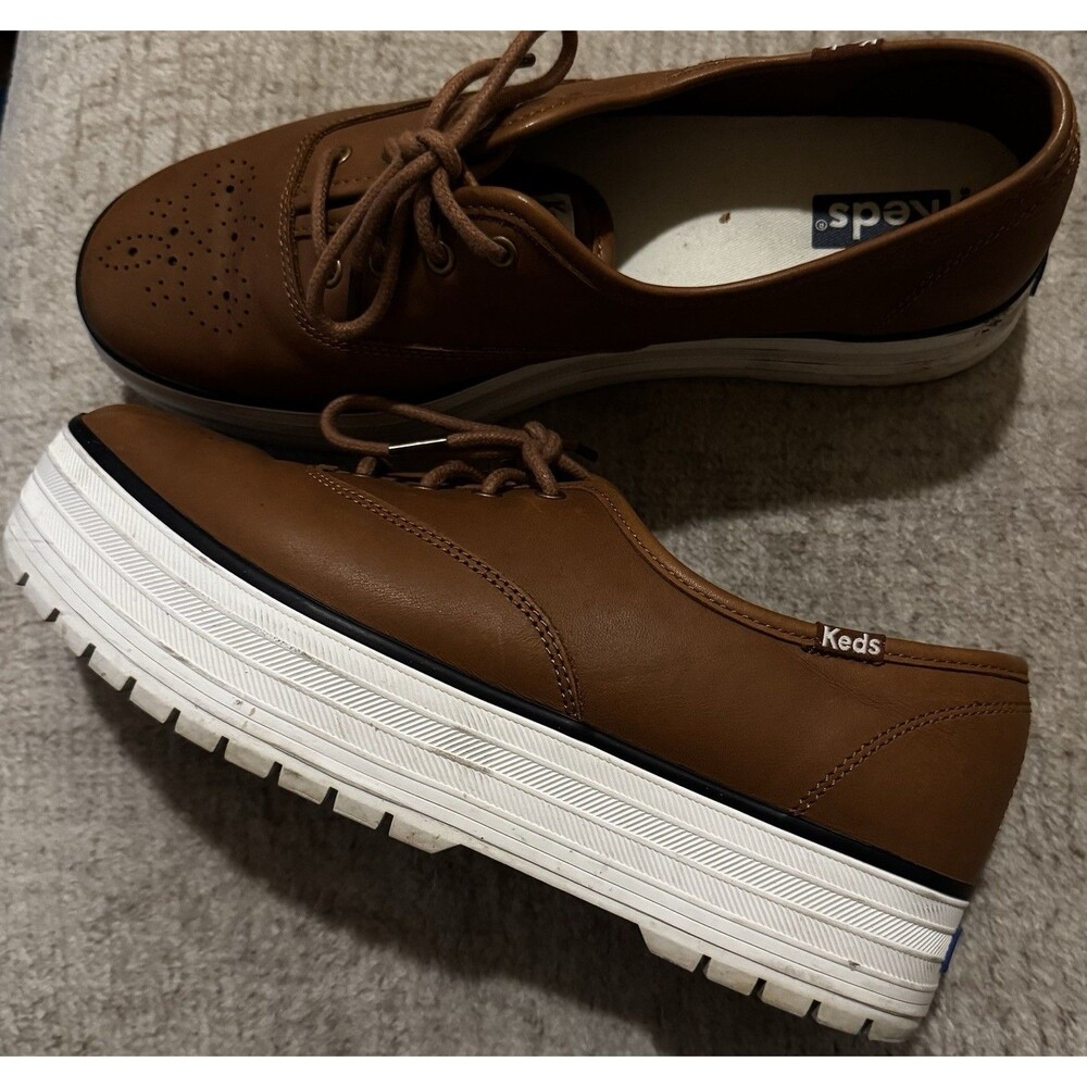 EUC Keds Women's Broguing Platform Lug Leather Casual Shoe Size 7.5 Cognac Brown